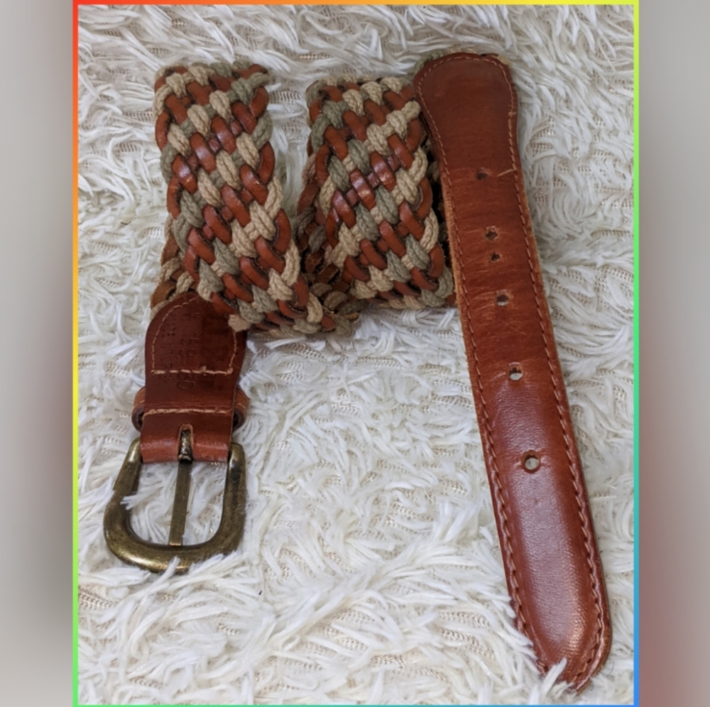 VINTAGE L.L. BEAN COLORFUL TWINE & LEATHER BELT - Picture 2 of 5